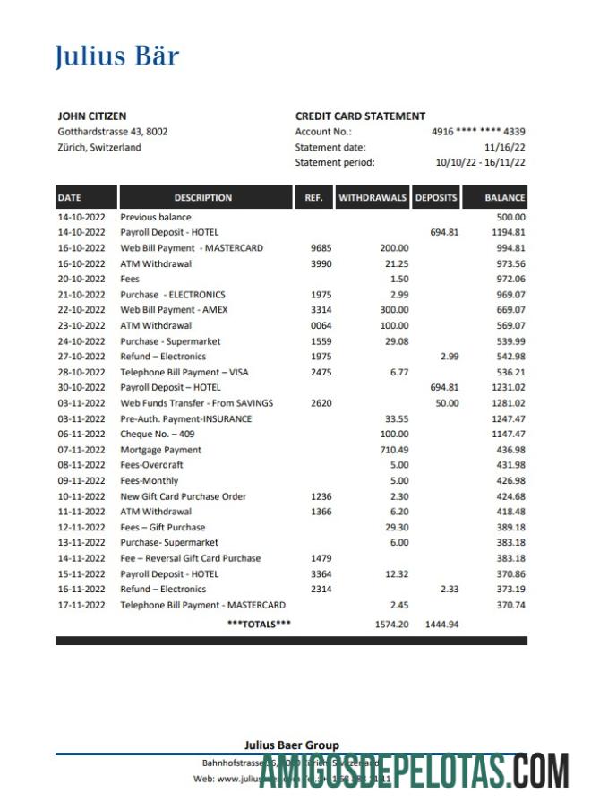 Switzerland Julius Bar Bank Statement Xls amostra